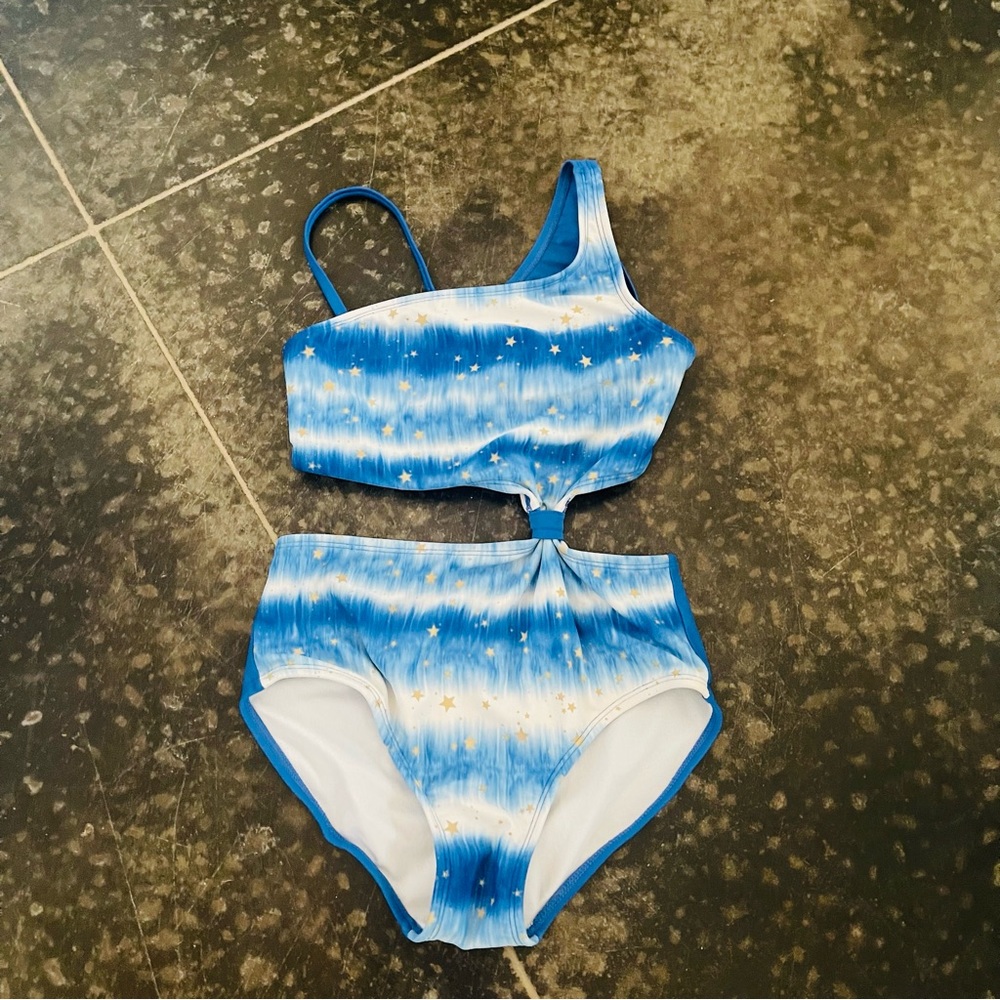 Blue and White Bathing Suit